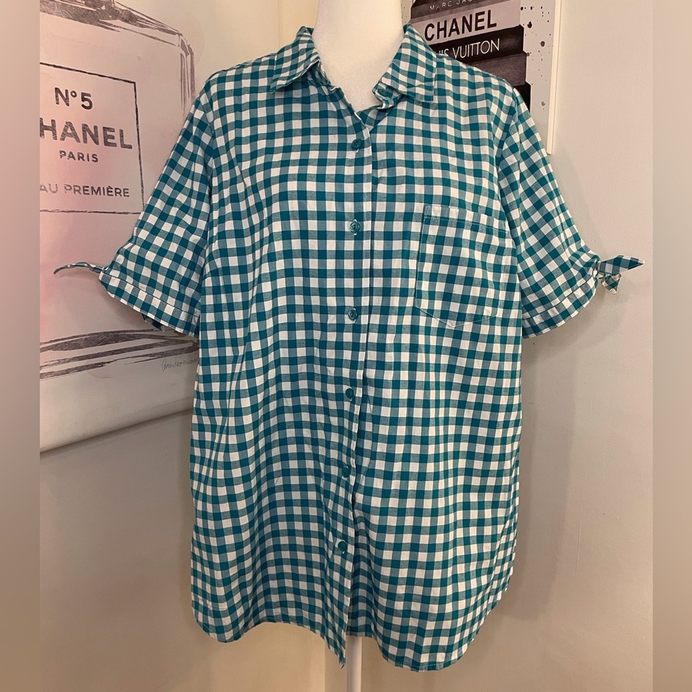 Roaman’s Short Sleeve Button Up Blouse Blue & White Checkered Size 20W
